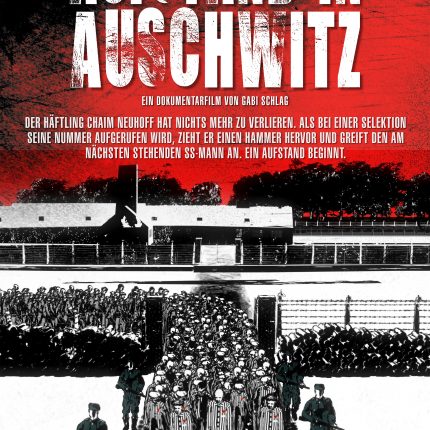 a poster showing athe open doors of auscwitz in graphich in red background
